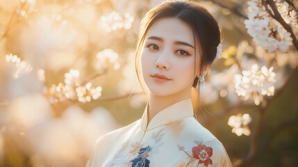 Cute and young chinese woman with cherry blossom trees.