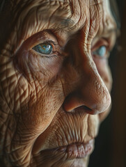 A Lifetime of Stories: A close-up portrait of an elderly woman with striking blue eyes, her weathered skin tells a tale of resilience and experience, capturing the beauty and wisdom of age. 