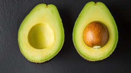 Avocado halves on a black surface