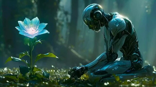 Kneeling beside the lone flower, the cyborg's circuits hum softly, his life force coursing through the metallic veins of his arm, nurturing the delicate bloom that glows brighter as his own power fade
