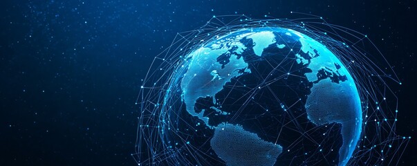 Blue digital globe surrounded by a vast network of data streams symbolizing global connectivity and the future of communication technology