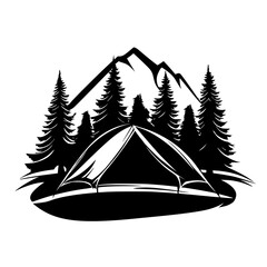 Mountain camping scene with tent and trees, Black and white illustration of a mountain camping scene, featuring a tent, tall trees, and a rugged mountain backdrop.
