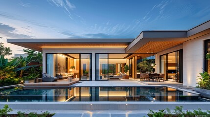 Fototapeta premium Front View of Modern Villa in Phuket with Swimming Pool, Wooden and White Interior, Garden Area, and Outdoor Terrace with Blue Sky