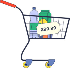 Shopping cart with items and a price tag showing $299.99, symbolizing consumer spending.