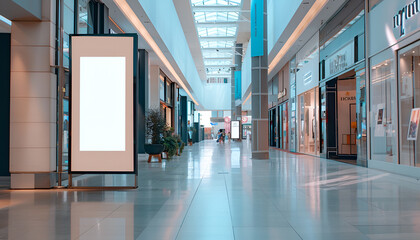Mock up poster for advertising in the mall on a pole between beautiful boutiques and large windows