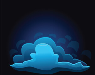 Cartoon style illustration of blue clouds glowing on dark background