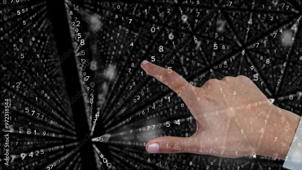 Poster pointing finger over digital matrix of numbers and connections, data processing concept