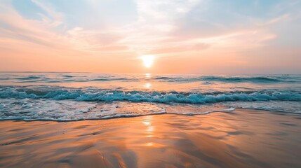 Obraz premium Sunset on a tropical beach with palm trees and gentle waves Studio beach landscape photography Summer vacation and travel concept