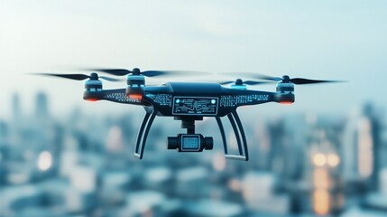 Blue drone technology innovations hovering in a futuristic cityscape with glowing digital interfaces showing data navigation and AI systems