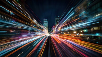 Obraz premium A vibrant night scene showcasing dynamic light trails in a cityscape.