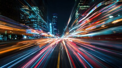Obraz premium A dynamic night scene of city traffic with light trails creating a sense of motion.