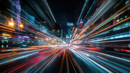 Fototapeta premium A dynamic night cityscape with light trails illustrating motion and energy.