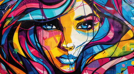 Fototapeta premium Vibrant Graffiti Portrait: A mesmerizing close-up of a colorful graffiti portrait, featuring a woman with flowing hair and piercing eyes, against a backdrop of bold, abstract swirls. The artwork's ene