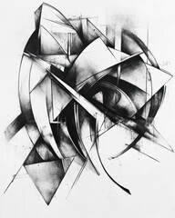 Abstract black and white artwork featuring sharp geometric shapes creating a dynamic visual rhythm.