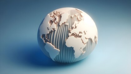 Minimalistic 3D world map on a soft blue gradient background. Simplified earth representation.