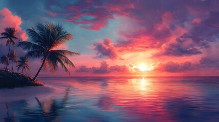 Tropical beach with swaying palm trees and calm turquoise waters, vibrant sunset sky reflecting on the ocean, Minimalistic, Digital painting, warm tones, serene mood