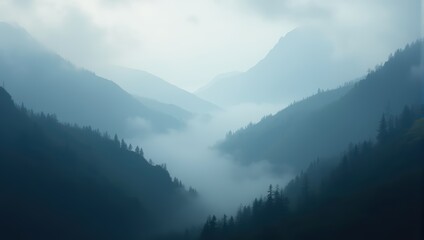 Obraz premium Misty Mountain Landscape with Silhouettes of Trees
