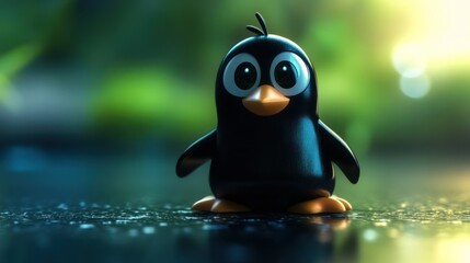 Adorable cartoon penguin character with big eyes standing playfully on a shiny surface.