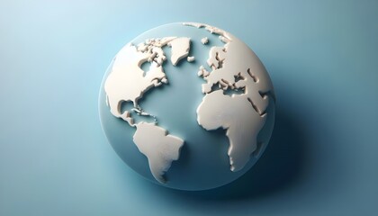 Minimalistic 3D world map on a soft blue gradient background. Simplified earth representation.