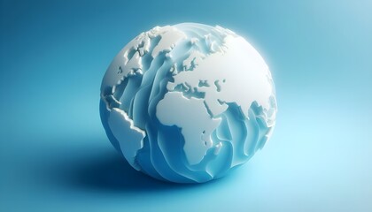 Minimalistic 3D world map on a soft blue gradient background. Simplified earth representation.