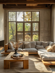 Obraz premium Interior of light living room with grey sofa, wooden coffee table and big window