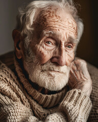 The Weight of Years: A portrait of a pensive elderly man, his weathered face telling a story of a life well-lived. The soft lighting and intimate framing convey a sense of wisdom, reflection, and quie
