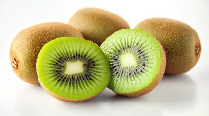 A ripe kiwi halved to show its vibrant green flesh, placed next to whole kiwis on a pristine white surface.