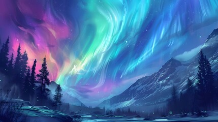 Naklejka premium Aurora Borealis: The Northern Lights dancing across the night sky in vibrant colors. 