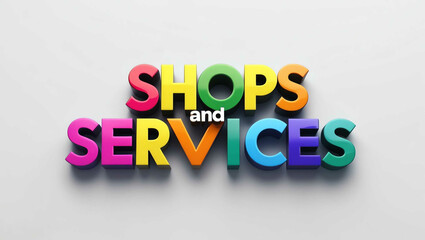 Shops and Services word 3d colorful lettering on plain white background