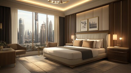 Luxury hotel room with panoramic city view and plush bedding.