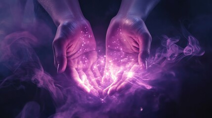Two hands cupped together, with a soft purple light emanating from the center of the hands, surrounded by wispy smoke.