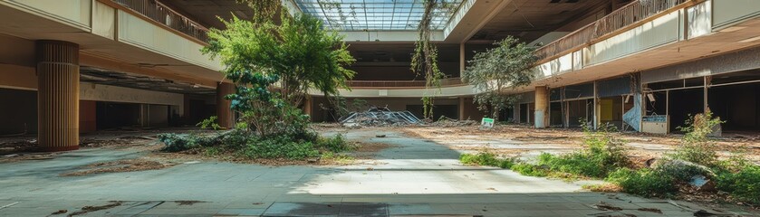 Fototapeta premium Abandoned shopping mall overrun by nature, retail collapse, downward trend in commercial real estate