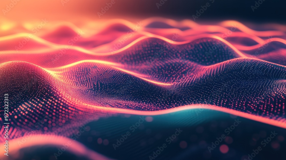 Wall mural Abstract digital landscape with flowing waves of light and color.