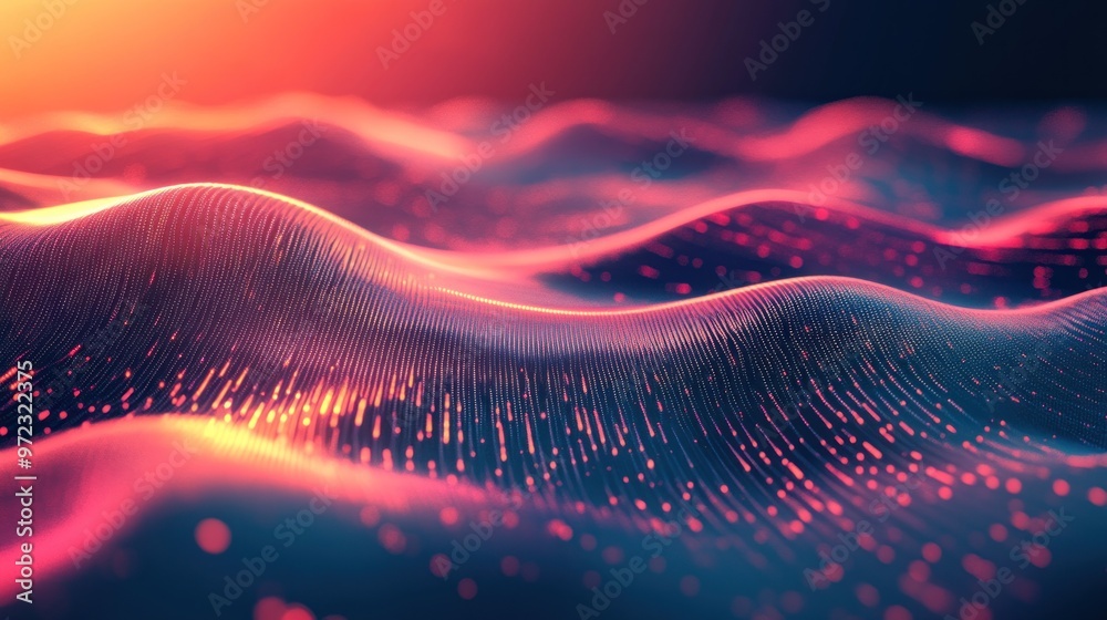Poster abstract representation of waves with glowing particles and vibrant colors.