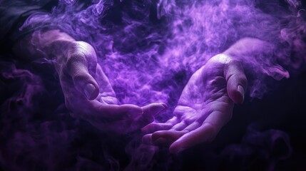 Naklejka premium Two hands cupped together with a swirling purple smoke emanating from them against a black background.