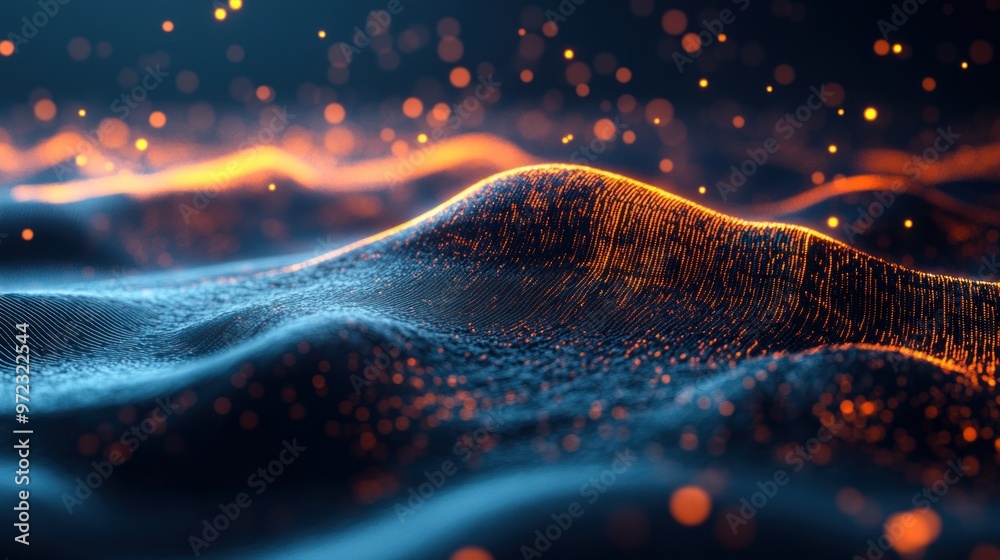 Wall mural abstract representation of flowing waves with glowing particles in a digital landscape.