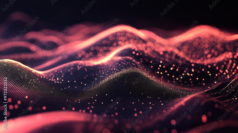Wall mural abstract waves with glowing particles in a dark background.