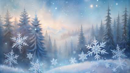 Obraz premium Enchanting winter forest scene with snowflakes and misty mountains at dawn