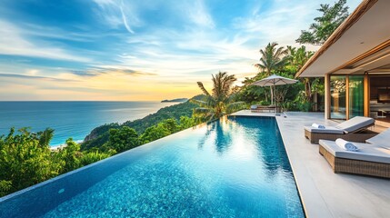 Fototapeta premium Luxury villa with infinity pool overlooking the ocean at sunset.