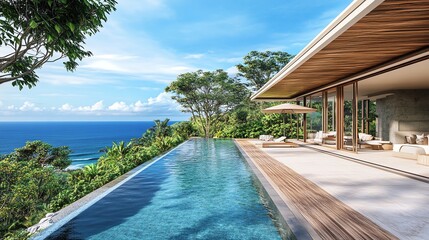 Fototapeta premium Luxurious villa with infinity pool overlooking the ocean.