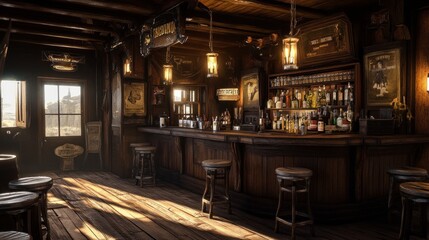 A rustic bar interior with wooden decor, bottles, and warm lighting, inviting relaxation.