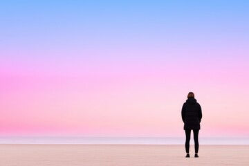 Fototapeta premium Person standing on a beach at dawn, ready to begin a new day