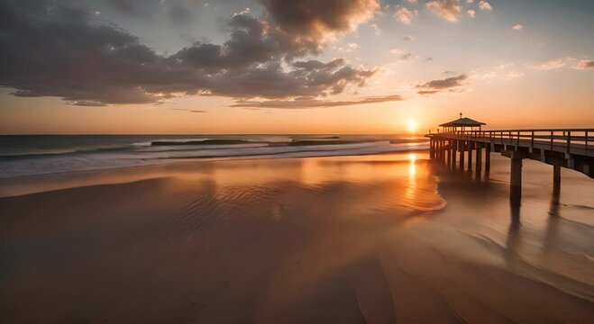Pier on the beach at sunset.