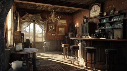 Fototapeta premium A rustic bar interior with wooden furniture, warm lighting, and vintage decor.