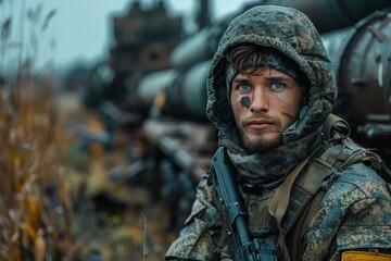 Soldier in tactical gear next to missile system and rocket launcher for nuclear weapons launching