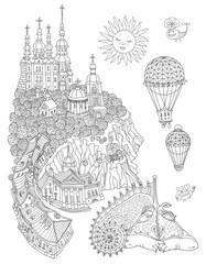 Vector fairy tale landscape, hand drawn monastery town, flying hot air balloons and dragon. Adults and Children Coloring Book page 