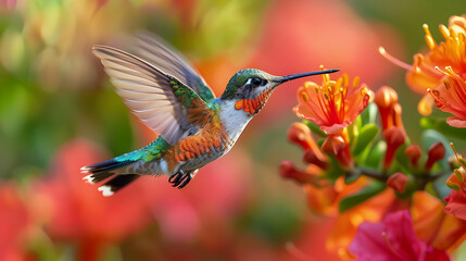 Fototapeta premium Hummingbird in Flight with Orange Flowers - Realistic Photograph