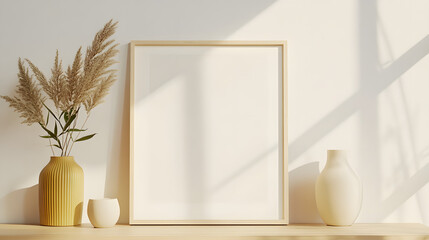 Fototapeta premium Mockup poster frame close up and accessories decor in cozy white interior background.