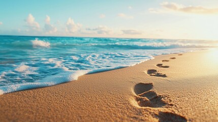 Fresh footprints in the sand leading to the ocean, symbolizing a new path