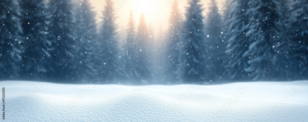 Poster a serene snowy forest scene with tall trees blanketed in fresh snow.